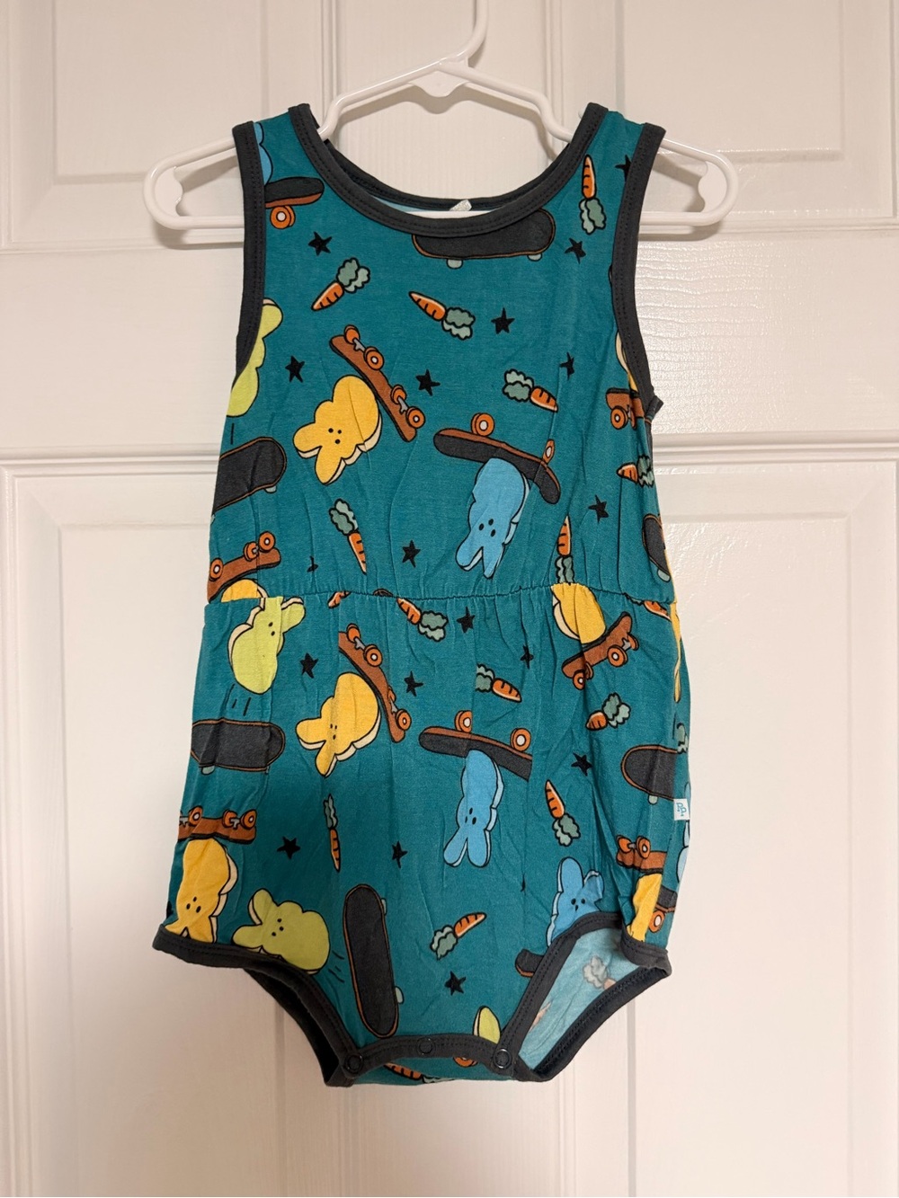 Posh Peanut Teal Bunny Skate One-Piece Bamboo Varsity Romper